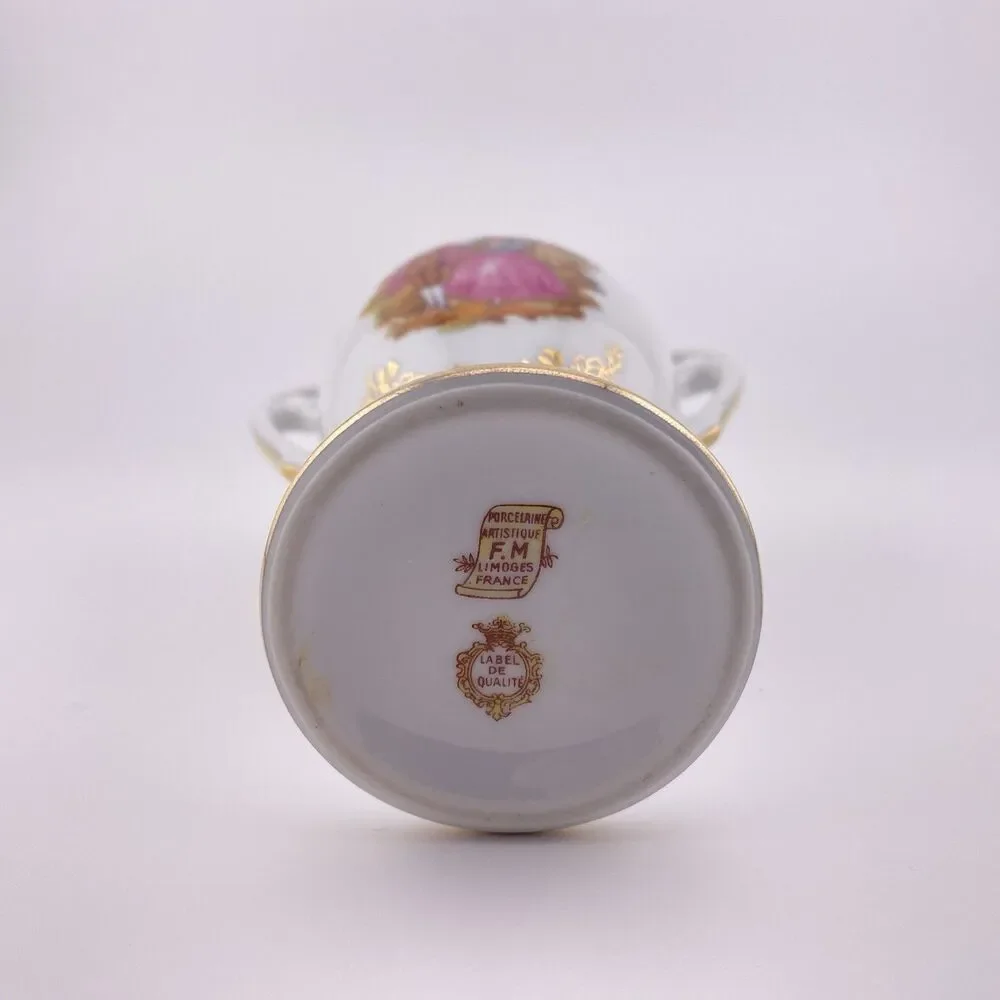 LIMOGES FRANCE WHITE HANDLED VASE VICTORIAN COUPLE & GOLD PORCELAIN 5 5/8” VTG